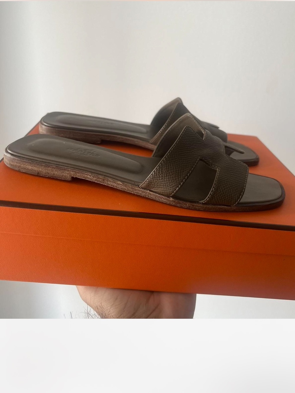 Hermes Brown Oran H-Logo Leather Slide Sandals - Picture 2 of 4
